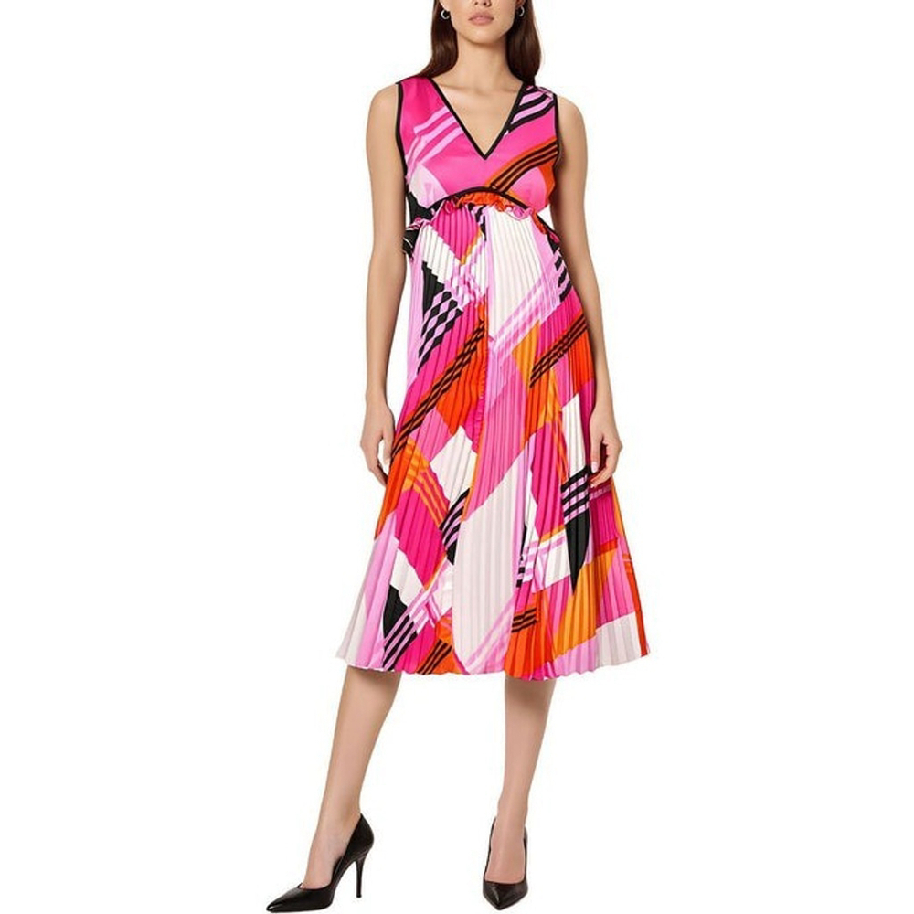 KARL LAGERFELD PARIS Multicolored Pleated Midi Dress Sz 4 Plisse Retro 60's Mod
